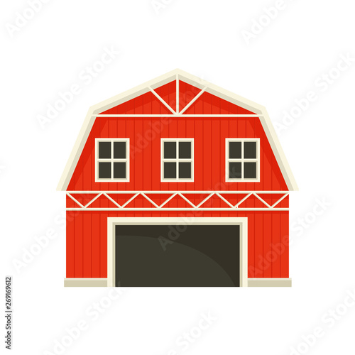 Large red barn with a white frame. Vector illustration on white background.