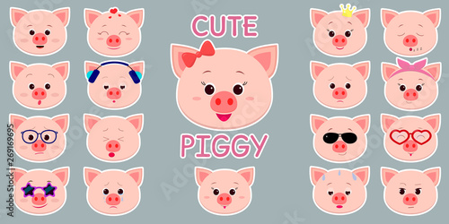 White stroke sticker, cute piggy head, mega set of different emotions and accessories. Cartoon style, flat design, vector illustration