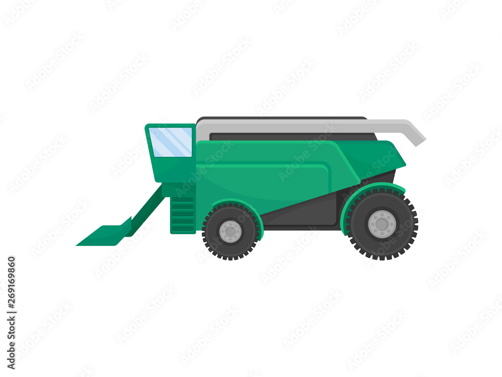 Green combine for harvesting grain. Vector illustration on white background.