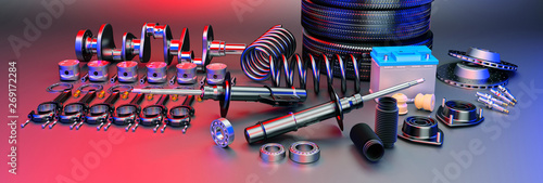 Auto parts spare parts car on the grey background. Set with many new items for shop or aftermarket. Auto parts for car. 3D rendering