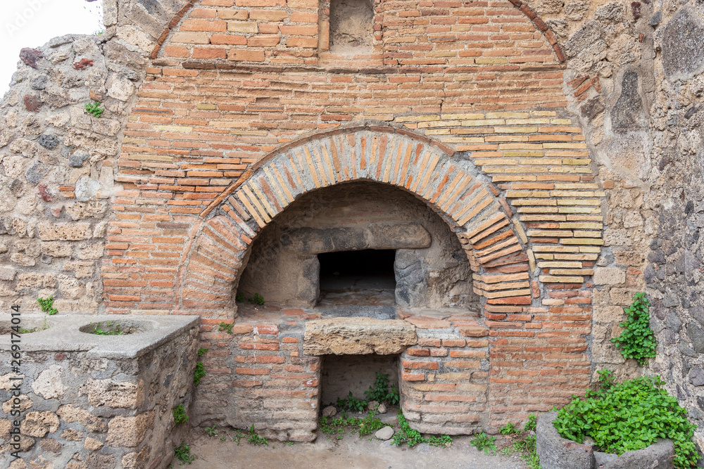 Pompeii, Italy. 04-22-2019. Ruins of a bakery at antique Roman city of Pompeii, Italy. Pompeii, Italy. 04-22-2019. Ruins of a bakery at antique Roman city of Pompeii, Italy.