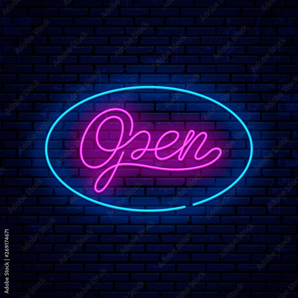 Obraz premium Open, bright neon sign for shop, cafe, bar, barber shop, restaurant, motel, casino, club and more. Neon inscription open, in one continuous line.