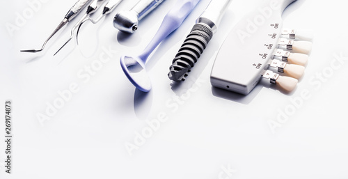 Dental surgery equipment on white table