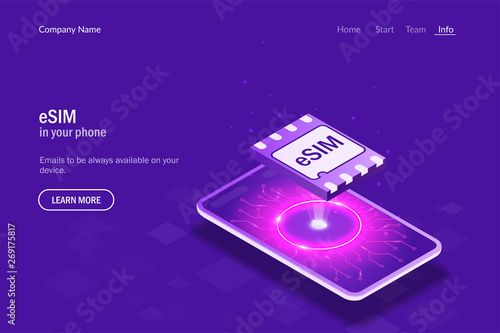 eSIM card chip sign. Embedded SIM concept. New mobile communication technology. Futuristic projection sim card. Vector illustration in 3d isometric style.