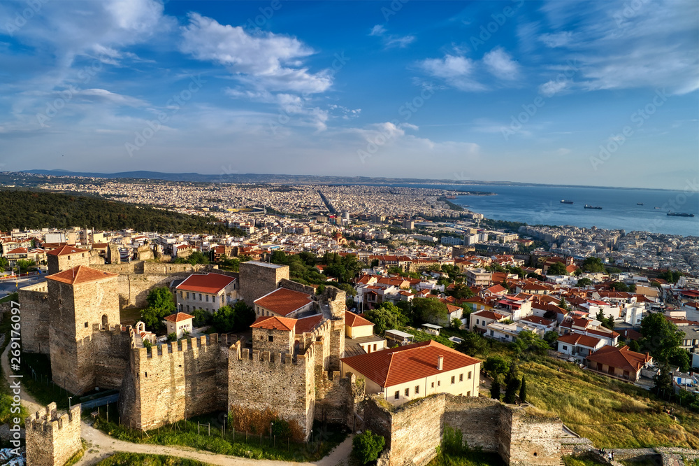 Aerial view of the old Byzantine Castle in the city of Thessaloniki , Greece.