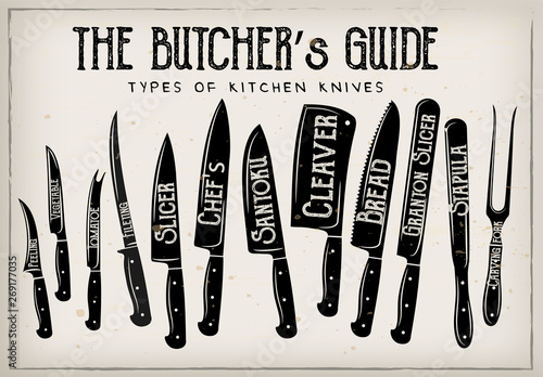 The Butcher's Guide - Type of Knives vector retro illustration