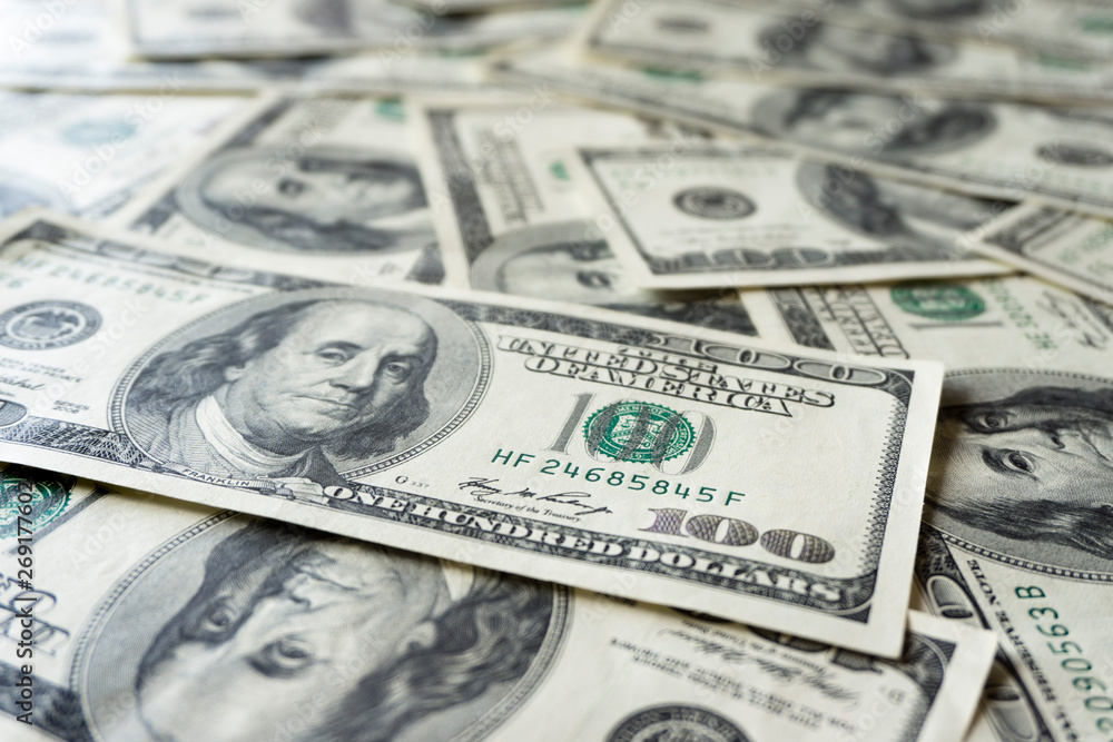 Pile of old one hundred dollar bills bills, close up dollars Pile of old one hundred dollar bills bills, close up dollars