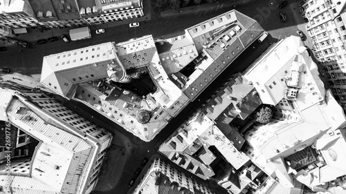 Top Down View of Rooftops in Old European City  Riga  Latvia. Black and white photography
