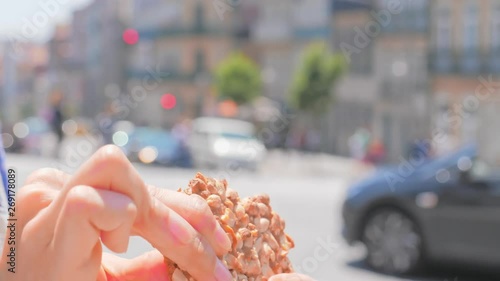 Delicious honey sweetmeal digestive cookie in female hands photo