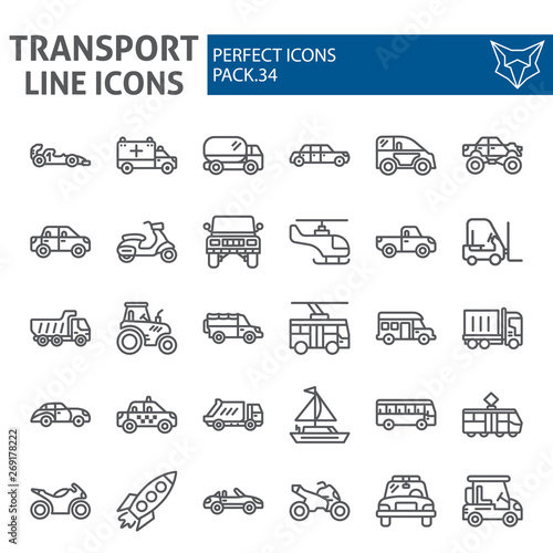 Transport line icon set, vehicle symbols collection, vector sketches, logo illustrations, traffic signs linear pictograms package isolated on white background.
