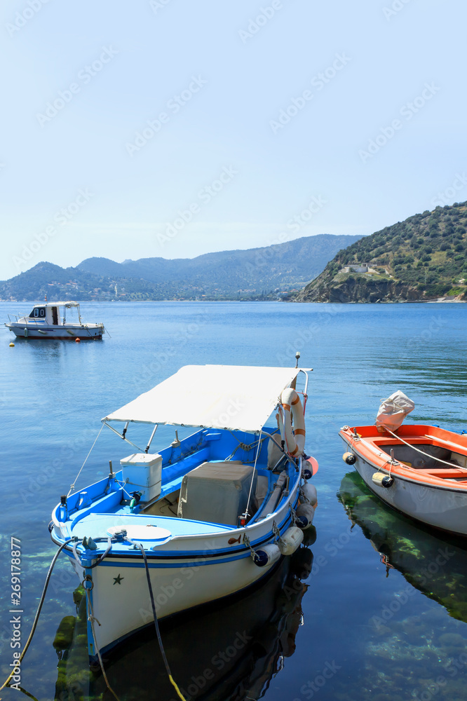 Traditional fishing boats in the Gulf of Salamina island, Greece.