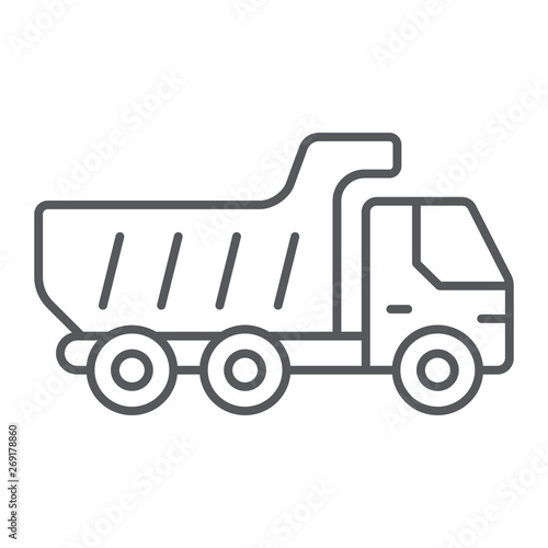 Dump truck thin line icon, transport and automobile, tipper truck sign, vector graphics, a linear pattern on a white background.