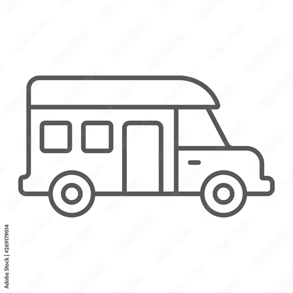 Motorhome thin line icon, transportation and auto, trailer sign, vector graphics, a linear pattern on a white background.