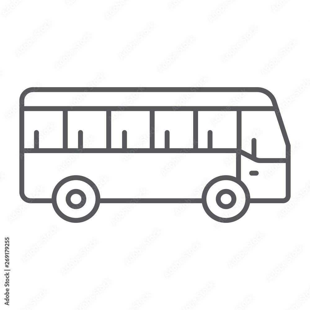 Bus thin line icon, transport and transportation, traffic sign, vector graphics, a linear pattern on a white background.