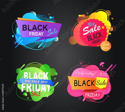 Special offer on black friday vector, announcement of price reduction and sales, sellout and clearance, propositions for clients and shoppers set