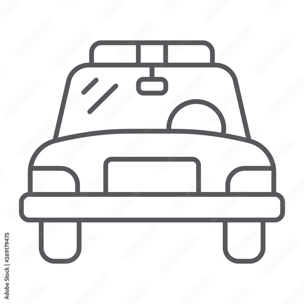 Police car thin line icon, vehicle and automobile, sheriff car sign, vector graphics, a linear pattern on a white background.