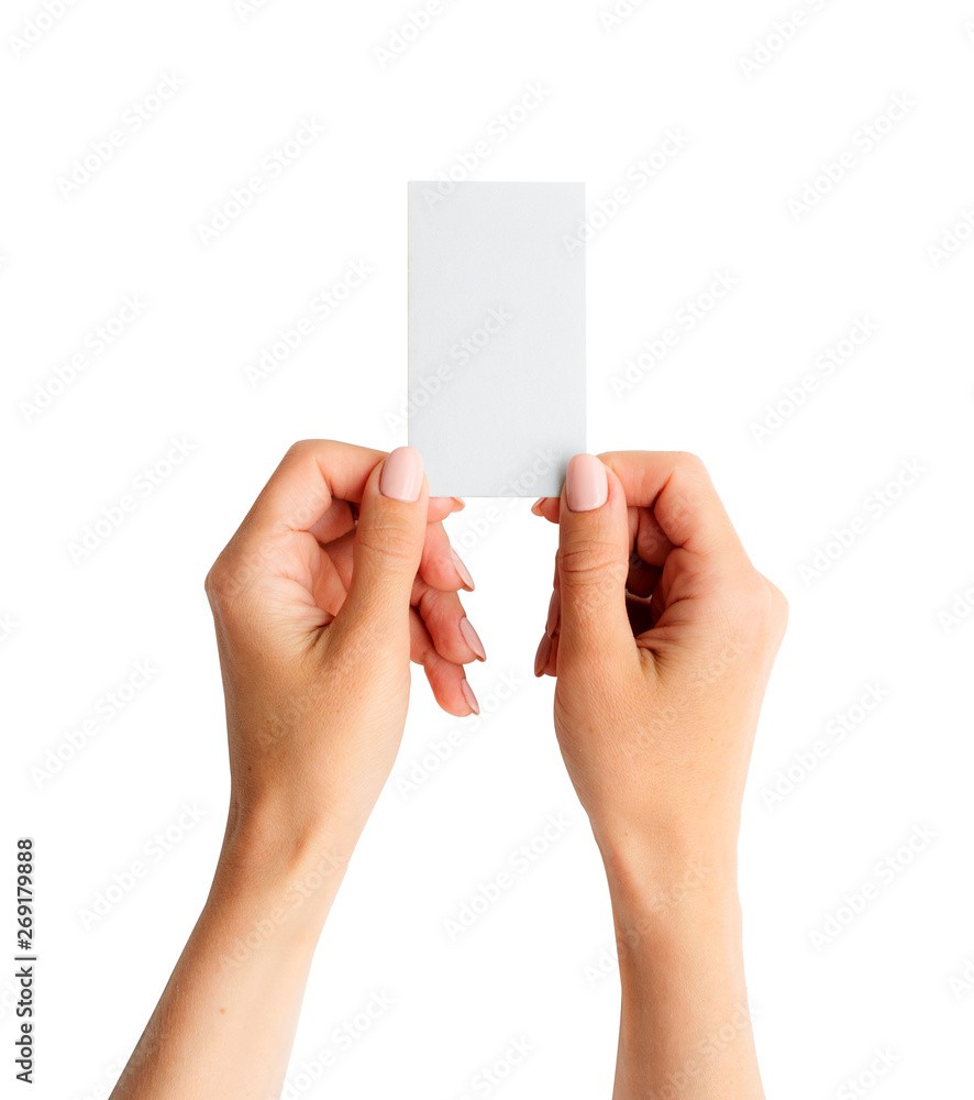 Woman holding white business card in hands isolated on a white background. Tamplate for your design. Woman holding white business card in hands isolated on a white background. Tamplate for your design.