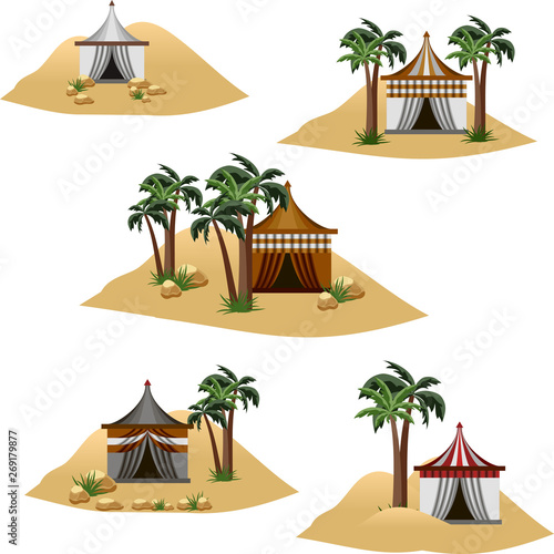  Nomad camp in desert. Set of elements to design desert landscape scenes or background.