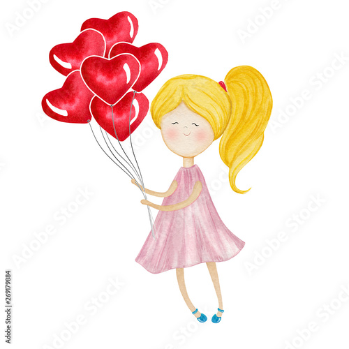 Pretty watercolor girl with heart shaped balloons. Hand drawn painting