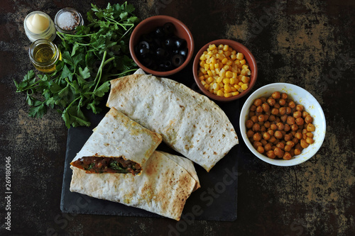 Vegan burritos. Healthy lunch or snack. Useful fast food.