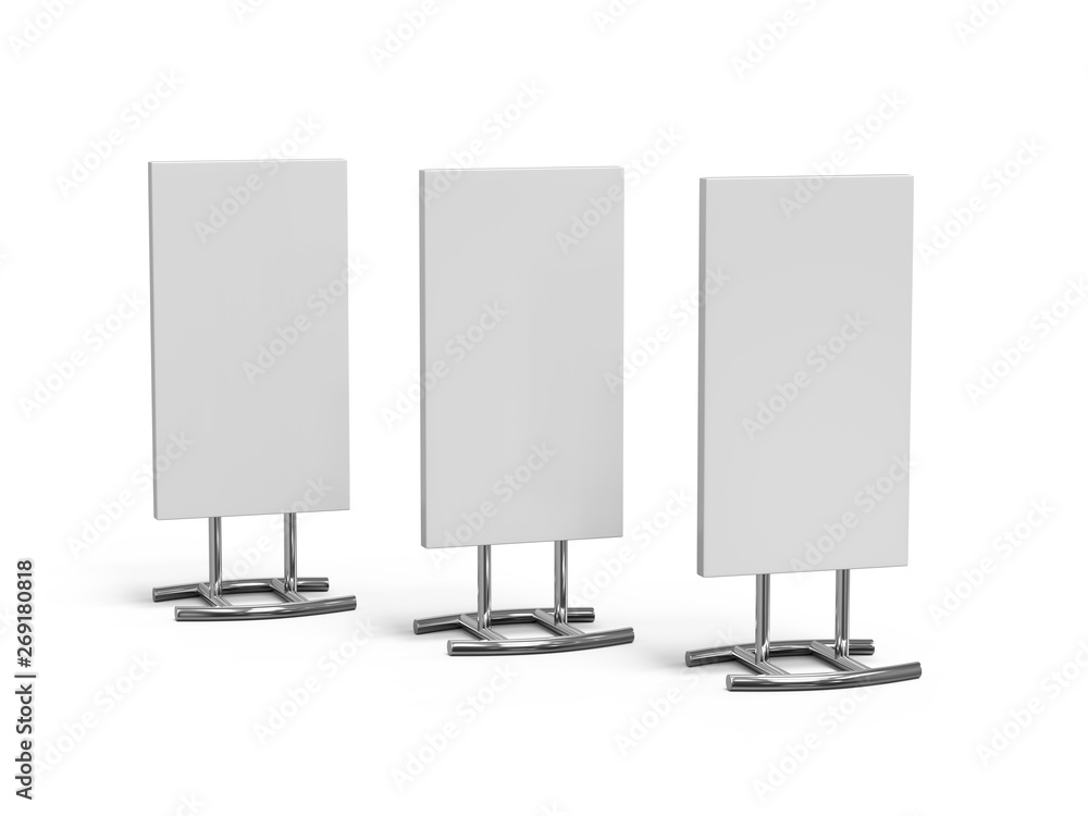 Outdoor indoor stander advertising stand banner, mock up on isolated white background, 3d illustration Outdoor indoor stander advertising stand banner, mock up on isolated white background, 3d illustration
