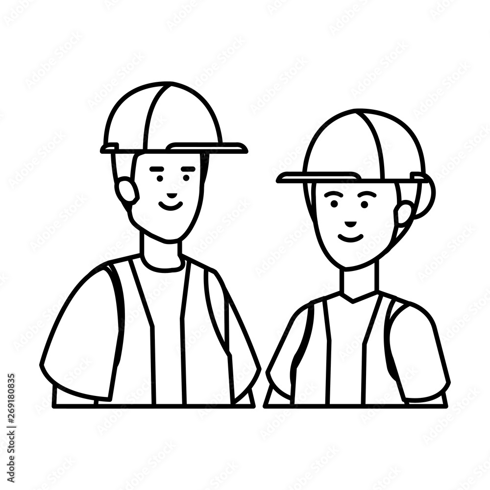 couple builders workers with helmets couple builders workers with helmets