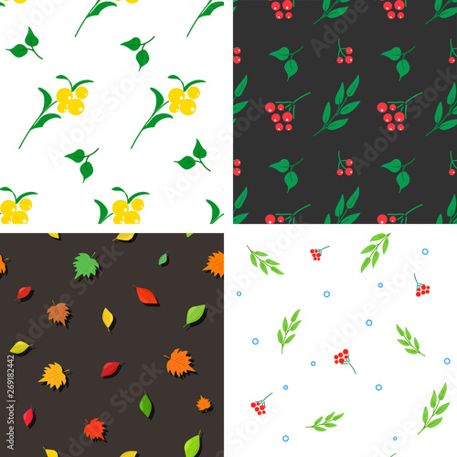 Collection of summer-fall seamless patterns. The whirling leaves and ripe berries perfectly decorate any shape