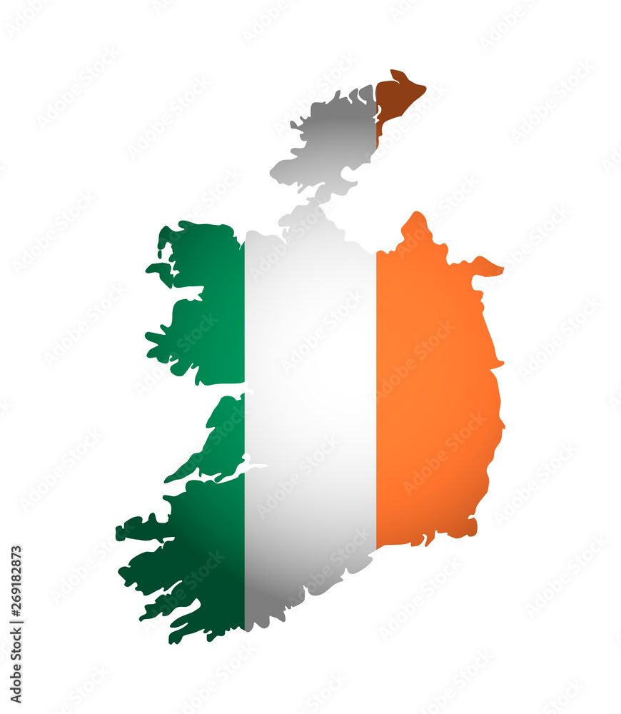 Vector illustration with irish national flag with shape of Ireland map. Orange, white, green colors. Volume shadow on the map