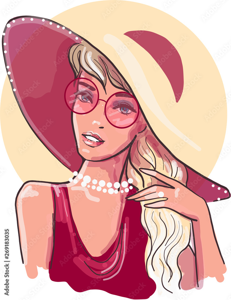 Head of a sweet lady with light long hair, big hat in fashion red blouse Head of a sweet lady with light long hair, big hat in fashion red blouse