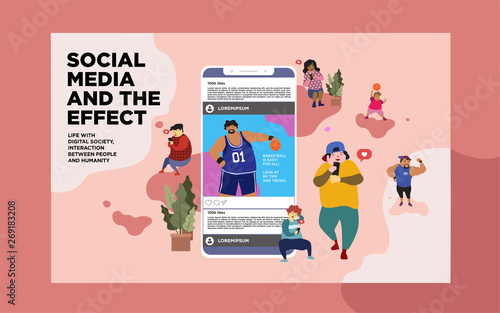 social media marketing vector concept illustration, happy woman and men give like comment on Instagram, can use for, landing page, template, ui, web, homepage, poster, banner, flyer, infographic