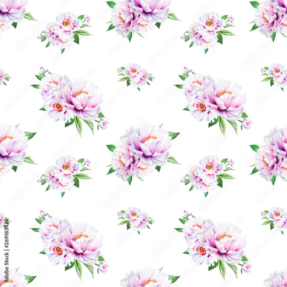 Beautiful white peony seamless pattern. Bouquet of flowers. Floral texture. Marker drawing. Watercolor painting. Wedding and birthday composition.  Flower painted background. Hand drawn illustration.