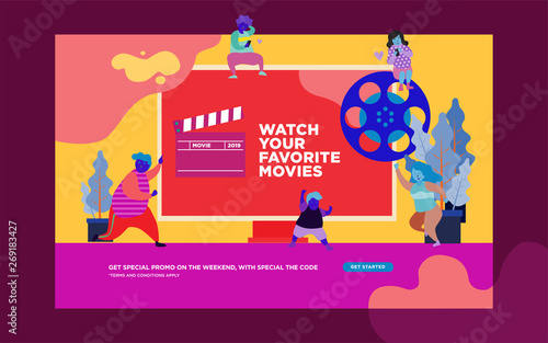 movie festival, online cinema vector illustration concept, people watching movie by online streaming, millenial vlogger, can use for, landing page, template, ui, web, homepage, poster, banner, flyer