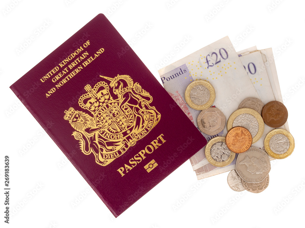 New Bergundy UK passport, no longer showing words 'European Union'. With currency, pounds sterling. Isolated on white. New Bergundy UK passport, no longer showing words 'European Union'. With currency, pounds sterling. Isolated on white.