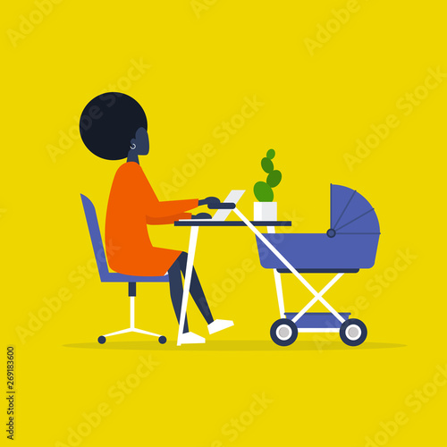 Baby carriage. Pram. Young black female character combining work and baby care. Modern parenthood. Flat editable vector illustration, clip art