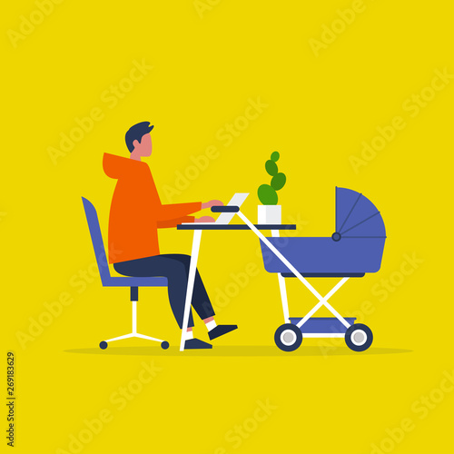 Baby carriage. Pram. Young male character combining work and baby care. Modern parenthood. Flat editable vector illustration, clip art