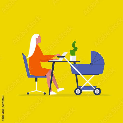 Baby carriage. Pram. Young female character combining work and baby care. Modern parenthood. Flat editable vector illustration, clip art