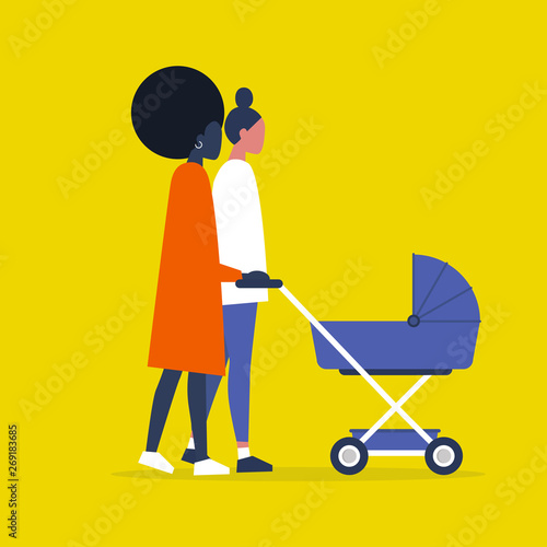 Baby carriage. Pram. Homosexual couple of female characters walking with a stroller. Modern parenthood. Flat editable vector illustration, clip art