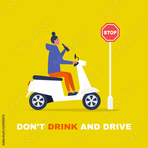 Young female character driving a motor scooter and holding a bottle of beer. Law violation. Flat editable vector illustration, clip art
