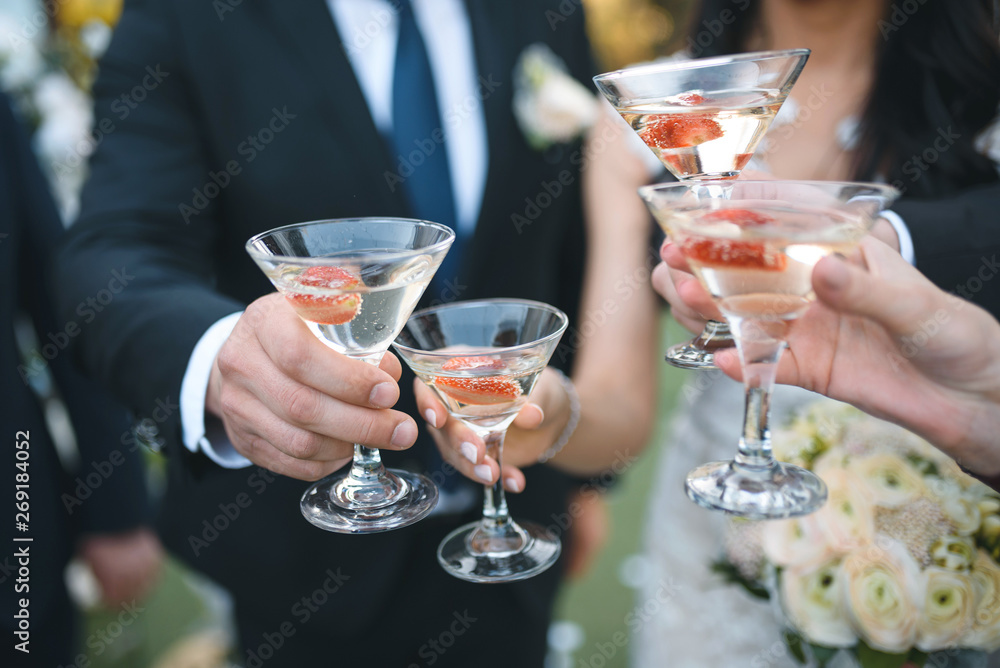 newlyweds clinking glasses with guests