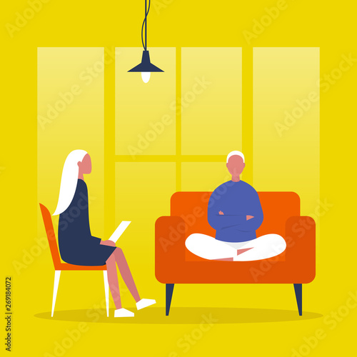 Young character visiting a psychologist doctor. Mental health care. Flat illustration. Patient sitting on a sofa with arms crossed. Young doctor listening to a patient and making notes. Psychotherapy