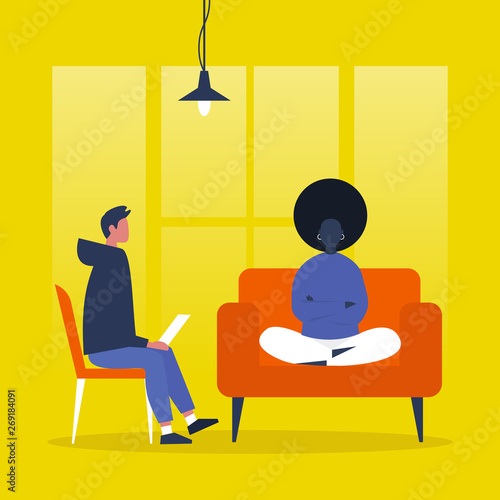 Young character visiting a psychologist doctor. Mental health care. Flat illustration. Patient sitting on a sofa with arms crossed. Young doctor listening to a patient and making notes. Psychotherapy