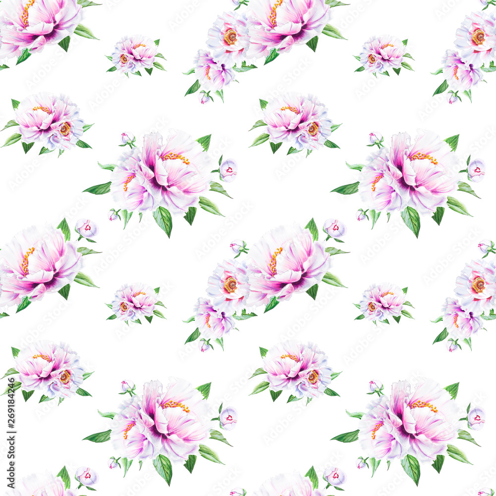 Beautiful white peony seamless pattern. Bouquet of flowers. Floral texture. Marker drawing. Watercolor painting. Wedding and birthday composition. Flower painted background. Hand drawn illustration.