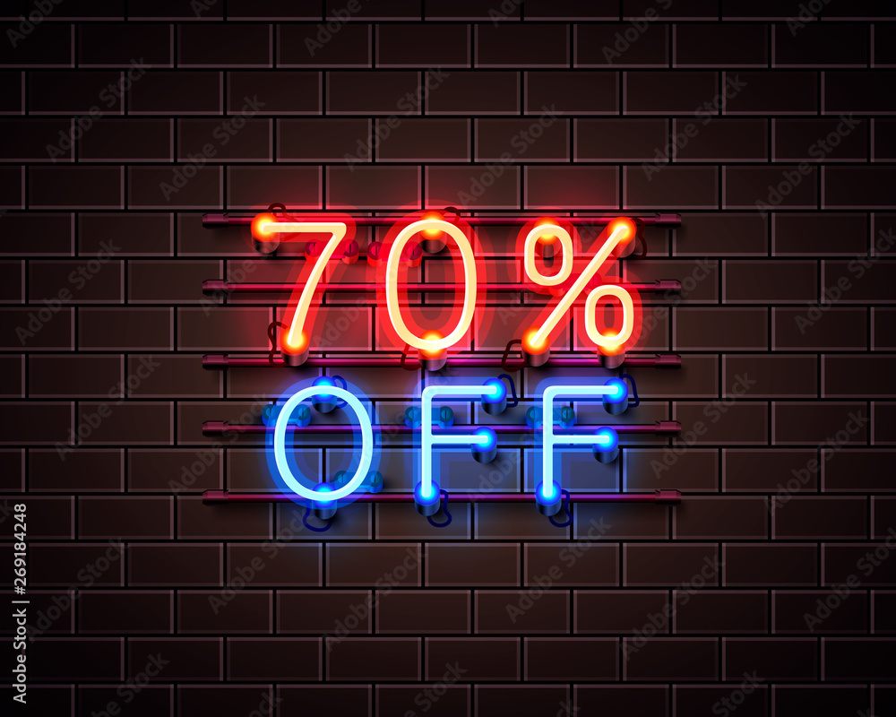 Neon 70 off text banner. Night Sign. Vector Neon 70 off text banner. Night Sign. Vector
