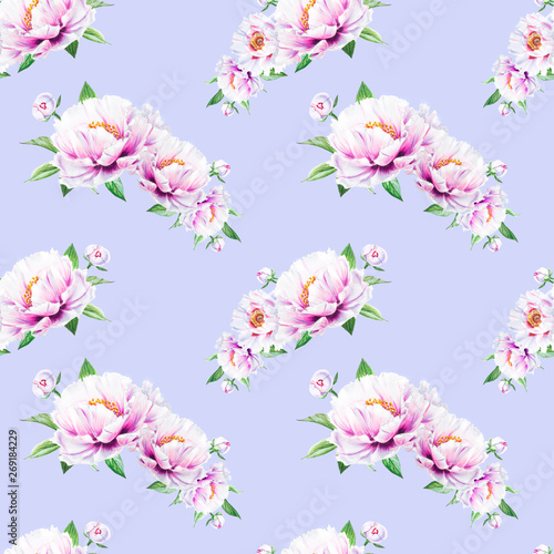 Beautiful white peony seamless pattern. Bouquet of flowers. Floral texture. Marker drawing. Watercolor painting. Wedding and birthday composition. Flower painted background. Hand drawn illustration.