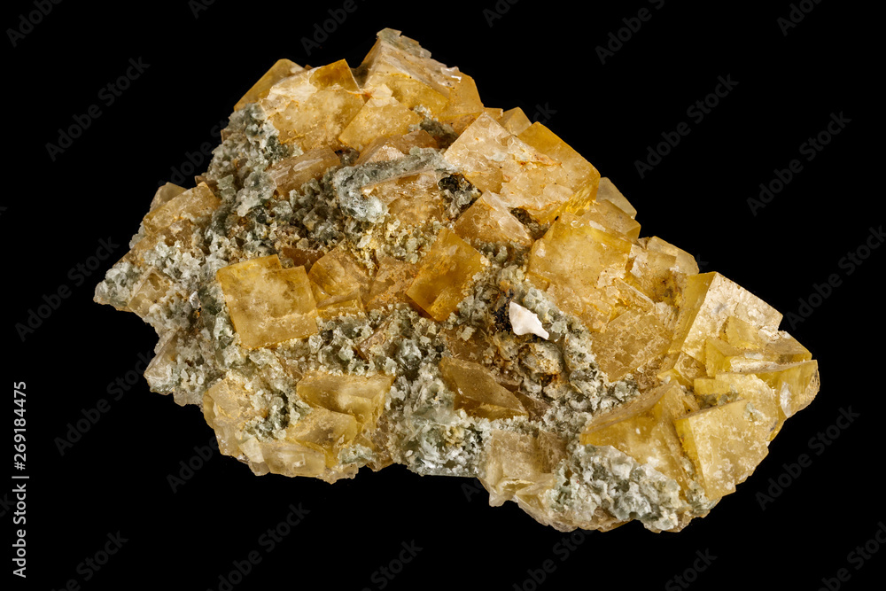 Macro stone Fluorite mineral on black background