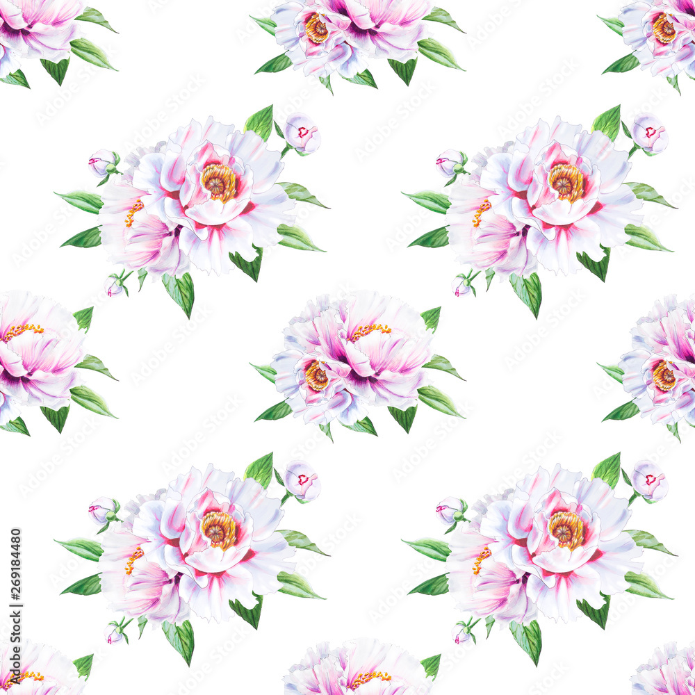 Beautiful white peony seamless pattern. Bouquet of flowers. Floral texture. Marker drawing. Watercolor painting. Wedding and birthday composition.  Flower painted background. Hand drawn illustration.