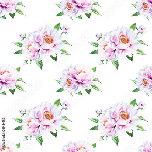 Fototapeta Naklejka Na Ścianę i Meble -  Beautiful white peony seamless pattern. Bouquet of flowers. Floral texture. Marker drawing. Watercolor painting. Wedding and birthday composition.  Flower painted background. Hand drawn illustration.