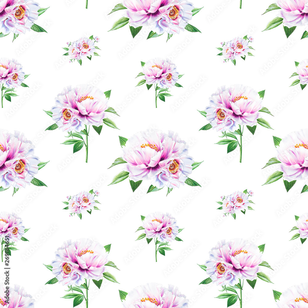 Beautiful white peony seamless pattern. Bouquet of flowers. Floral texture. Marker drawing. Watercolor painting. Wedding and birthday composition.  Flower painted background. Hand drawn illustration.