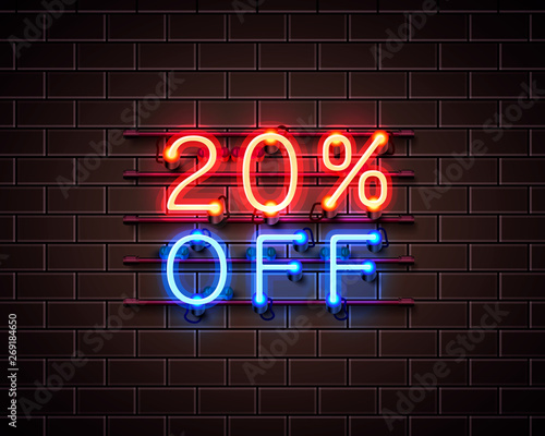 Neon 20 off text banner. Night Sign. Vector