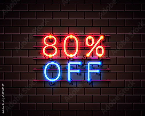 Neon 80 off text banner. Night Sign. Vector